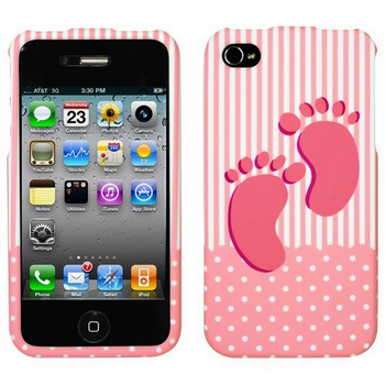 Apple iPhone i-Phone 4G 4-G / 4S 4-S White with Pink Baby Girl Footprints Lines Dots 3D 3-D Design Rubber Feel Snap-On Hard Protective Cover Case Cell Phone
