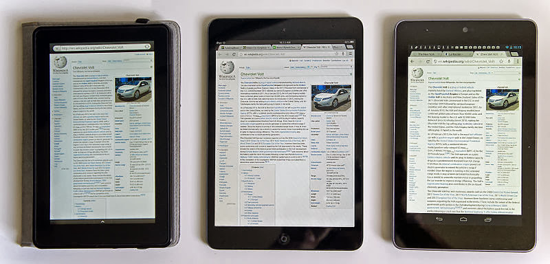 1st gen Comparison iPad Mini & Google Nexus 7 & Kindle Fire Wikipedia screen, Tablet comparison: Amazon Kindle Fire (left), Apple iPad Mini (center) and Google Nexus 7 (right), Own work by Mariordo (Mario Roberto Durán Ortiz) via WikimediaCommons 1st gen Comparison iPad Mini & Google Nexus 7 & Kindle Fire Wikipedia screen, Tablet comparison: Amazon Kindle Fire (left), Apple iPad Mini (center) and Google Nexus 7 (right), Own work by Mariordo (Mario Roberto Durán Ortiz) via WikimediaCommons