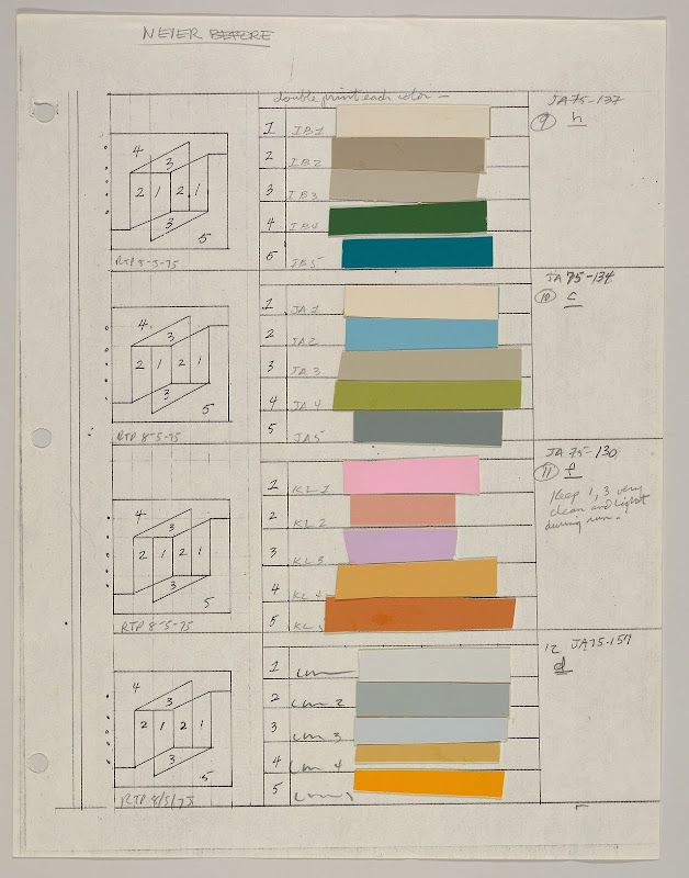 Color sheets and layout of the Never Before series by Josef Albers