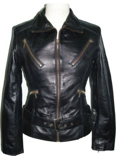 Womens Black Leather biker jacket #Z4 (16)