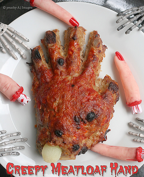 Creepy Meatloaf Hand for Halloween Dinner | www.thepeachkitchen.com