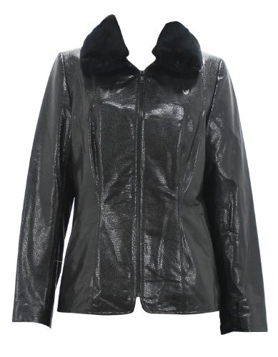 Bergama Embossed Lamb Leather Jacket with detachable Rex Rabbit Collar-Small-Black