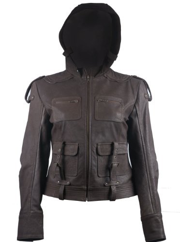 FactoryExtreme Panama Hoodie Women's Brown Leather Jacket, Dark Brown - Large