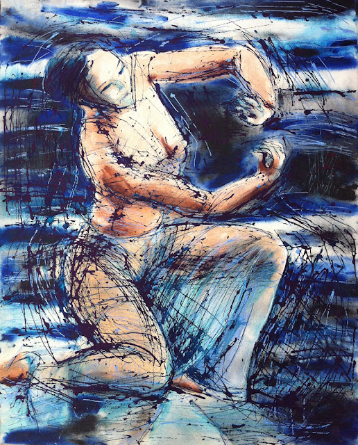 Celestial Dancer III, 2012, 24"x30", 61cmx76cm, oils, acrylic inks on canvas. Celestial Dancer III was finished, 7 years after it was begun, with slashes of permanent blue ink (two days ago, she is still fresh). She hangs on my living room wall, where already she has received compliments from visitors. I am fairly shocked, and delighted, that this painting is finished!