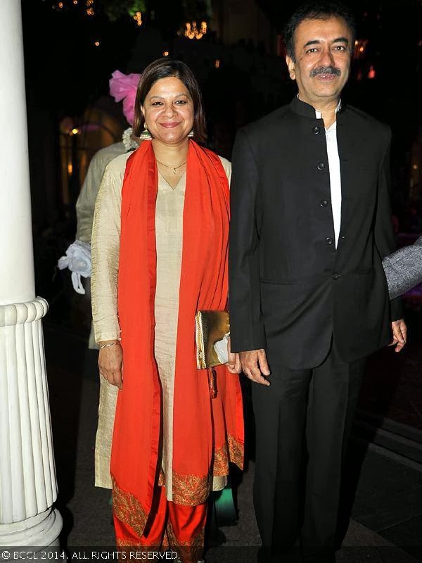 Filmmaker Raju Hirani arrives with wife at Raageshwari Loomba and Sudhanshu Swaroop's wedding, held in Mumbai, on January 27, 2014.