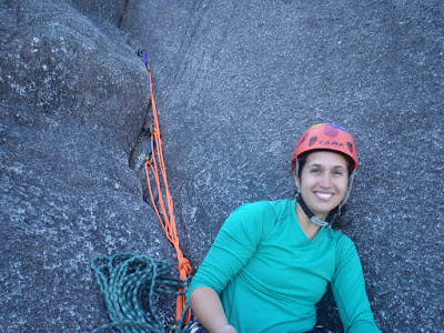 Sara's gear anchor at the belay station between pitches 5 and 6