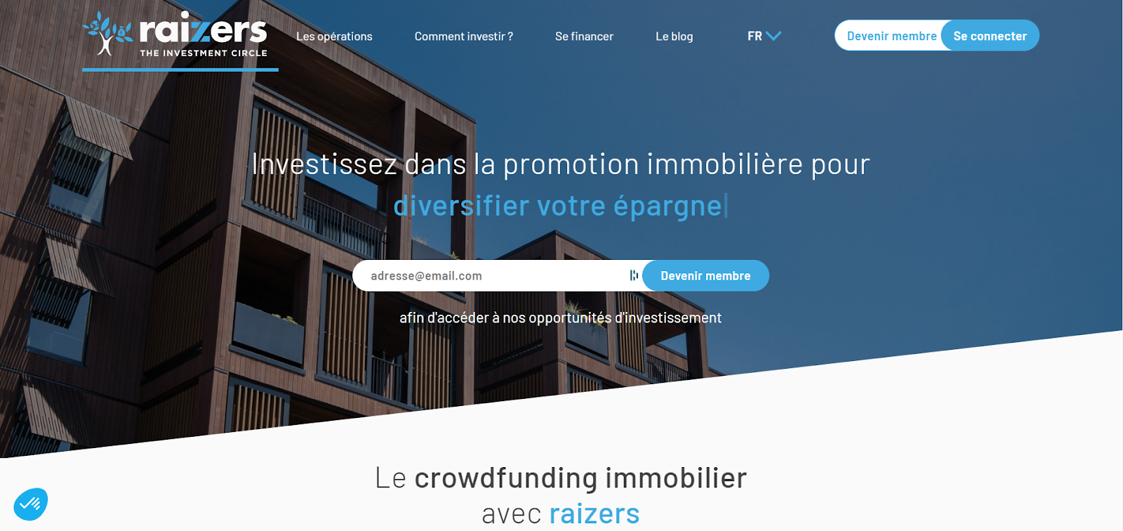 Page d'accueil du spécialiste du crowdfunding immobilier Raizers