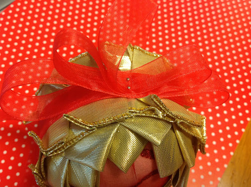 No sew Christmas ornament - polystyrene ball and ribbon