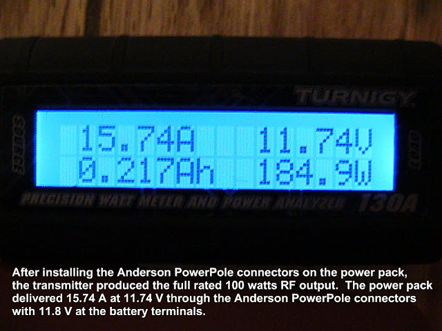 After
                      installing the Anderson PowerPole connectors on
                      the power pack, the transmitter produced the full
                      rated 100 watts RF output. The fully charged power
                      pack delivered 15.74 A at 11.74 V through the
                      Anderson PowerPole connectors with 11.8 V at the
                      battery terminals. The radio's display showed no
                      dimming or instability.