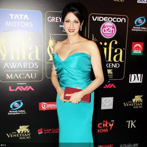 Sridevi makes head turn in off shoulder gown at the14th International Indian Film Academy (IIFA) 2013 Rocks event, held at The Venetian hotel in Macau, on July 5, 2013. (Pic: Viral Bhayani)