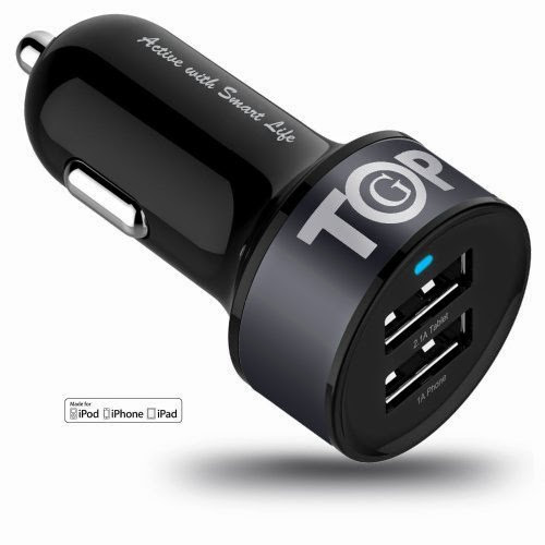  MFI Apple Approved - TopG Smart Mini Dual USB Car Charger 5V 3.1Amp 15.5W - 1.0 & 2.1A Universal Ports, Smart Power Supply iPods, iPhones, Cell Phones  &  Tablet, Android Devices, Portable Cigarette Lighter Plug, Mobile Travel Charging Station 12V Input - BLACK / Dark Blue
