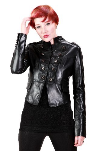 United Face Womens New Military Leather Jacket, Black, Medium