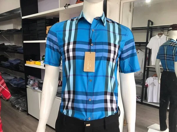 Áo sơ mi Burberry nam xanh sáng ngắn tay hàng hiệu công sở cao cấp - Brit Caro Cerulean Blue Nelson Checked Cotton Long Sleeve Buttondown Shirt