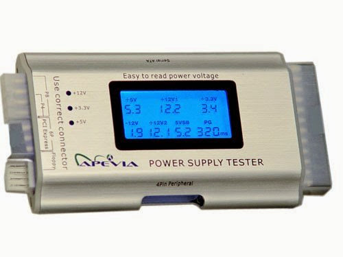 Apevia LCD ATX Power Supply Tester tests all power connectors and shows all power voltages on +12V1/+5V/+3.3V/5VSB/+12V2/-12V and P.G. with alarm warning on LCD screen.