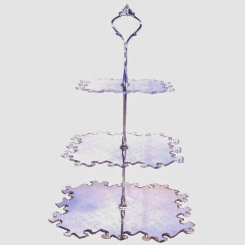 Three Tier 3mm Acrylic Silver Mirror Jigsaw Cake Stand (24 cup cakes) (15 & 19 & 23 H32cm) (6 & 7.5 & 9 H12.5inch)