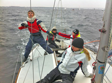 J/24 women crew sailing in chilly weather