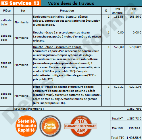KS Services 13: Prix-Devis : Receveur de Douche - Parois de Douche  (fourniture et pose).