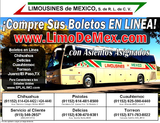 Limousines de México S. de R.L. de C.V., Avenida Quinta Norte, 408, Centro, 33000 Delicias, Chih., México, Agencia de excursiones en autobús | CHIH