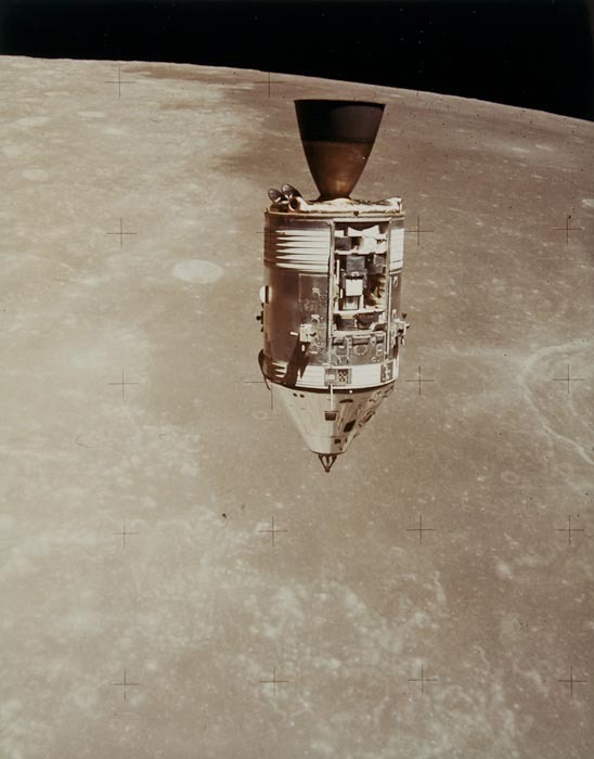 The CSM in lunar orbit, seen from the LM, Apollo 15, August 1971