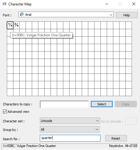 searching for one-fourth in window character map