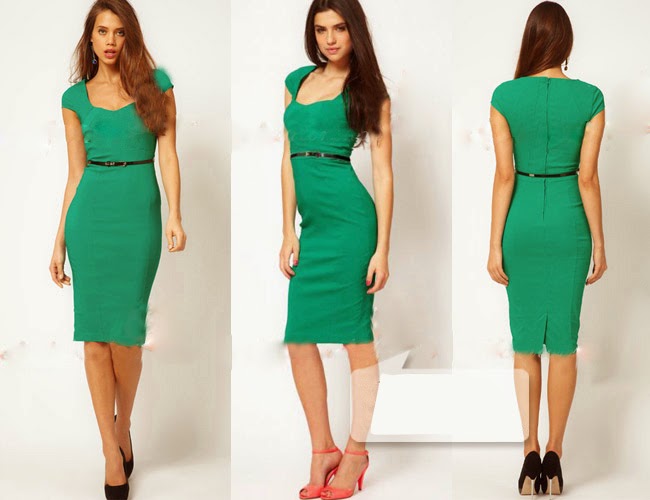 Office Lady Square Neck Cap Sleeve Formal Career Pencil Dress Bodycon ...