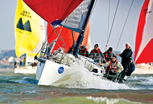 J/111 one-design sailboat- sailing on Solent, Cowes, England