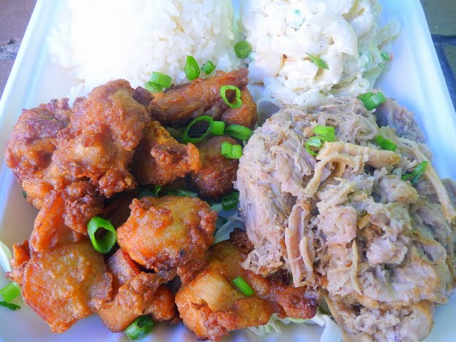 808 Grinds Food Cart, food cart, Combo plate with Kalua Pig and Fried Chicken, hawaiian food