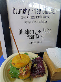 Portland Monthly's Country Brunch 2013, Departure's Gregory Gourdet serves up his Crunchy Fried Chicken with corn and coconut milk biscuit with papaya slaw and chili glaze, and a bonus of Blueberry + Asian Pear Crisp with candied ginger