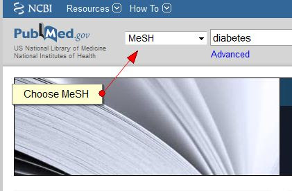 Search window for PubMed demonstrating the use of MeSH term "diabetes".