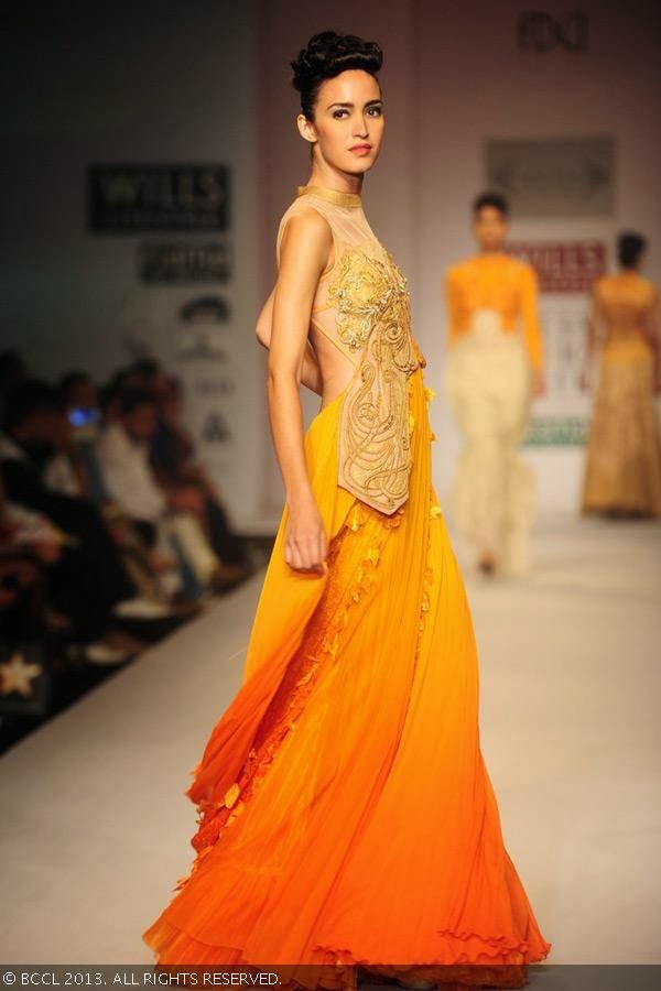 Tamara showcases a creation by fashion designer Sulakshana on Day 5 of Wills Lifestyle India Fashion Week (WIFW) Spring/Summer 2014, held in Delhi.