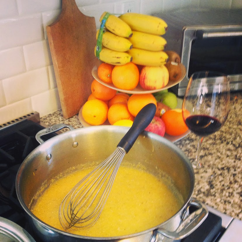 Our polenta during the cooking process, a glass of good red wine helps the 30-40 minutes pass quickly.