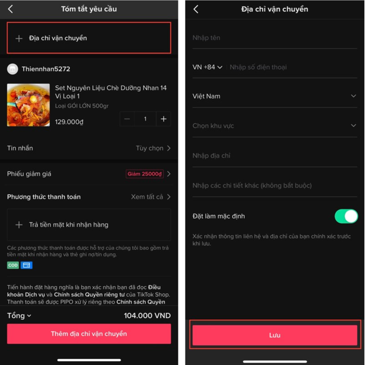 Điền địa chỉ vận chuyển tiktok shop