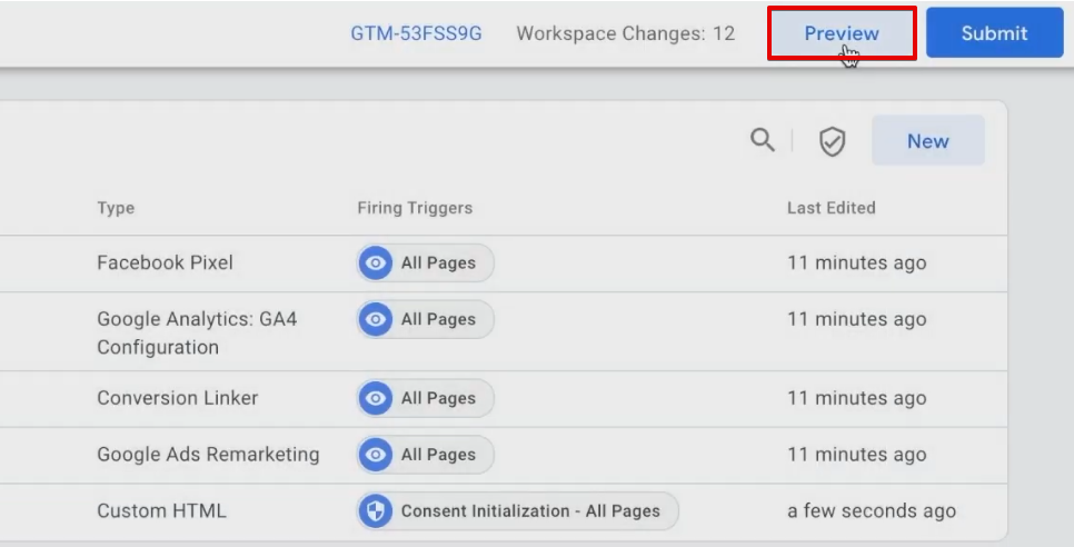 Opening the preview mode of the website from the Google Tag Manager account