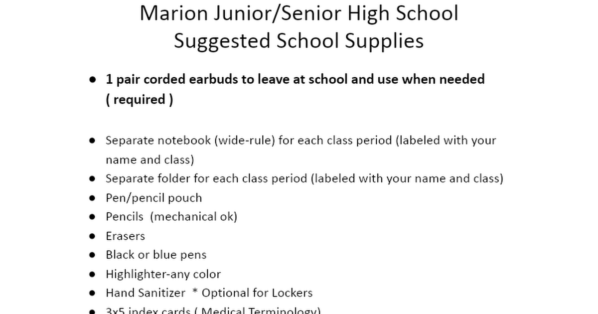 Jr/Sr High School Supply List PERMALINK Google Docs