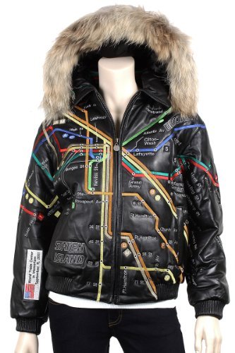 United Face Womens New York City Map Fur Hooded Leather Bomber Jacket, Black, Large