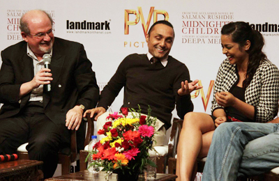 (L-R) Author Salman Rushdie has actors Rahul Bose and Shahana Goswami in splits during the press meet of the movie 'Midnight's Children', held in Mumbai on January 29, 2013. (Pic: Viral Bhayani)