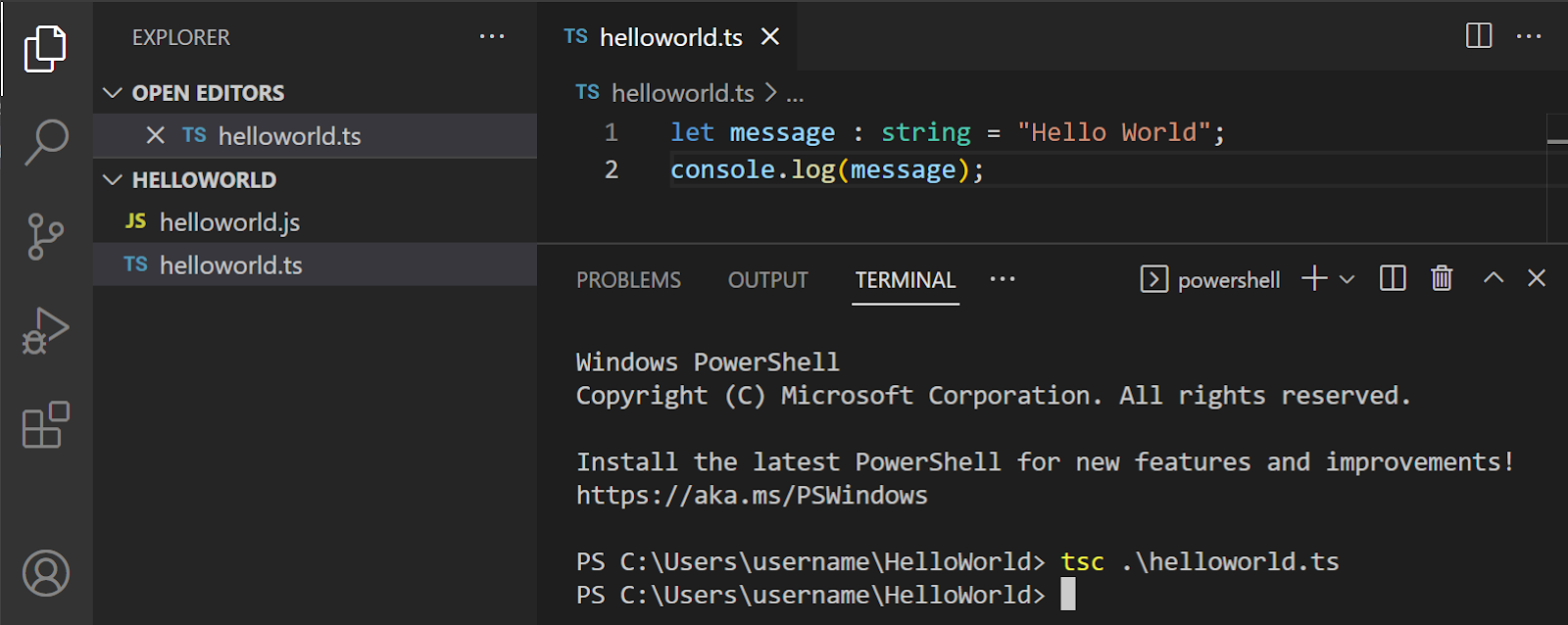 step 6: To compile the TypeScript code, simply open the Integrated Terminal (Ctrl+`) and type:
tsc helloworld.ts