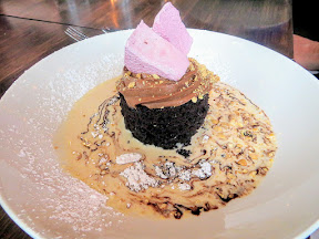 Ox restaurant Dark Chocolate Cake, Malted Milk Chocolate Mousse, Toasted Peanut Anglaise, Malbec Marshmallow