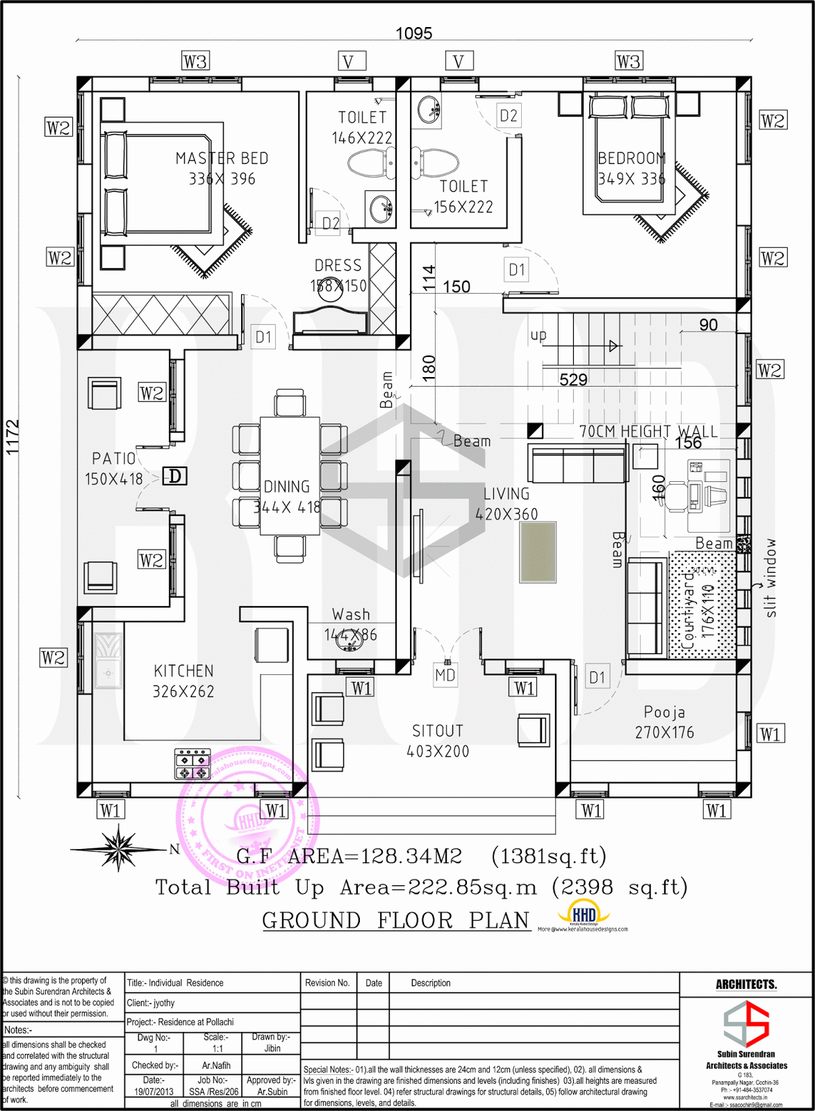 Floor plan and elevation of 2398 sq-ft contemporary villa - Kerala home