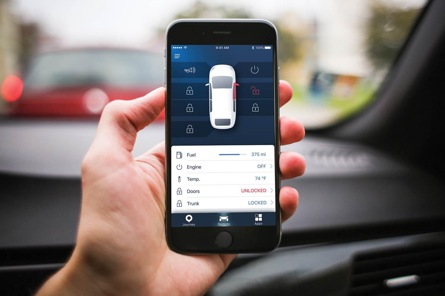 IoT-powered vehicle monitoring system showing features like fuel tracking, remote locking, and engine control