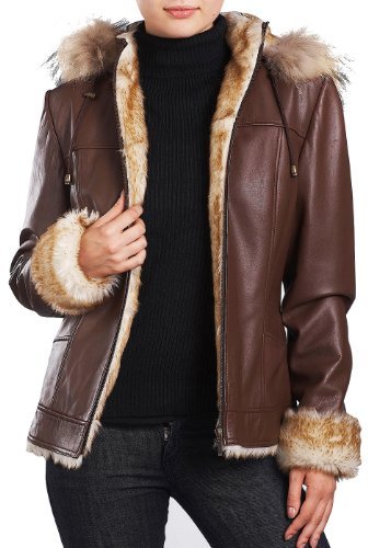 Jessie G. Women's Faux Shearling Trim Lambskin Leather Jacket with Hood - Esp...