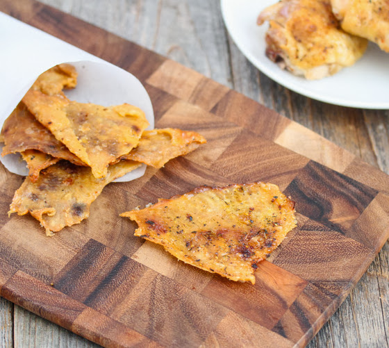 close-up of chicken cracklings on a cutting board