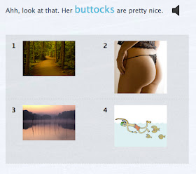 sentence "Ahh, look at that. Her buttocks are pretty nice." and photo of woman wearing a thong