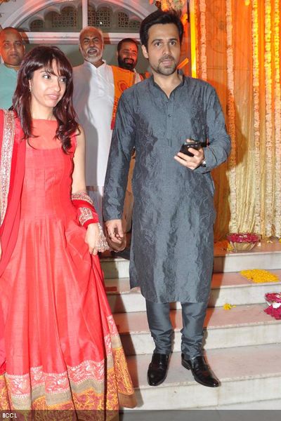 Actor Emraan Hashmi with his 'better half' Parveen during Udita Goswami and Mohit Suri's wedding ceremony, held at ISKCON Juhu in Mumbai on January 29, 2013. (Pic: Viral Bhayani)