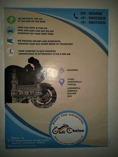 Gadichalao Bike Rentals, plot no 82 Boudha nagar suchitra, Sri Durga Estates, Quthbullapur, Hyderabad, Telangana 500055, India, Two_Wheeler_Rental_Agency, state TS