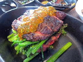 White Oak Grilled Skirt Steak with grilled broccolini and red chimichurri, Manhattan Beach Post restaurant, Manhattan Beach, Los Angeles