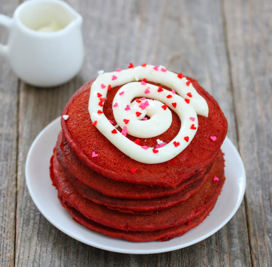 overhead photo of Red Velvet Pancakes