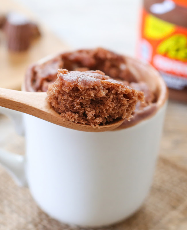 close-up photo of a scoop of Reese's Spread Mug Cake