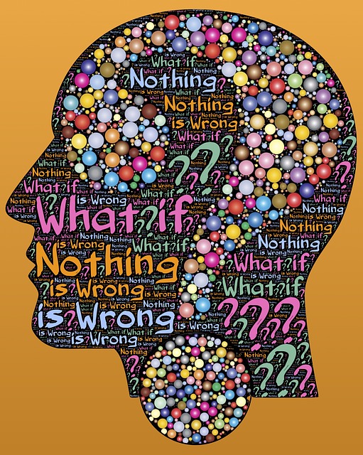 Silhouette of a person's head. Inside is drawn a large question mark fully of variously colored bubbles. The rest of the space is filled in with word art, asking over and over, "What is nothing is wrong?" If nothing's wrong, there's no reason to feel guilty. If nothing's wrong you can get rid of your guilt complex.