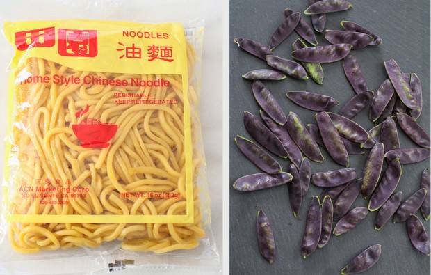 photo of a package of chinese noodles and a photo of purple snow peas